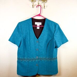 Sag Harbor Teal Short Sleeve Blazer. Embroidery and Beaded Detailing. Size 14